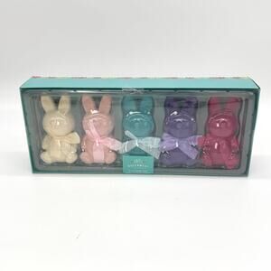 5 Queenwest Flocked Easter Bunnies Pink Cream Teal Blue Purple Bunny Set NEW